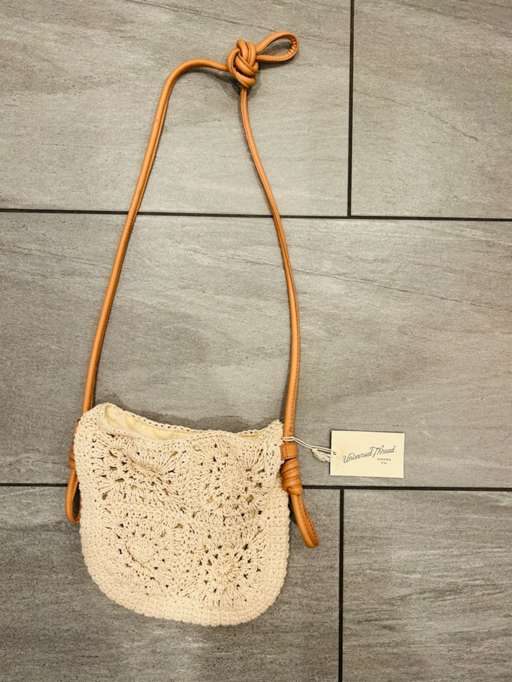 Universal Thread Cream Crochet Crossbody with Tan Strap